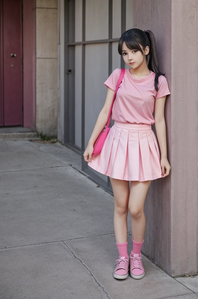 anime girl age 18-19, half-demon grey skin, grey eyes, red-pink color horn, pink shirt and pink skirt with pink shoes.
