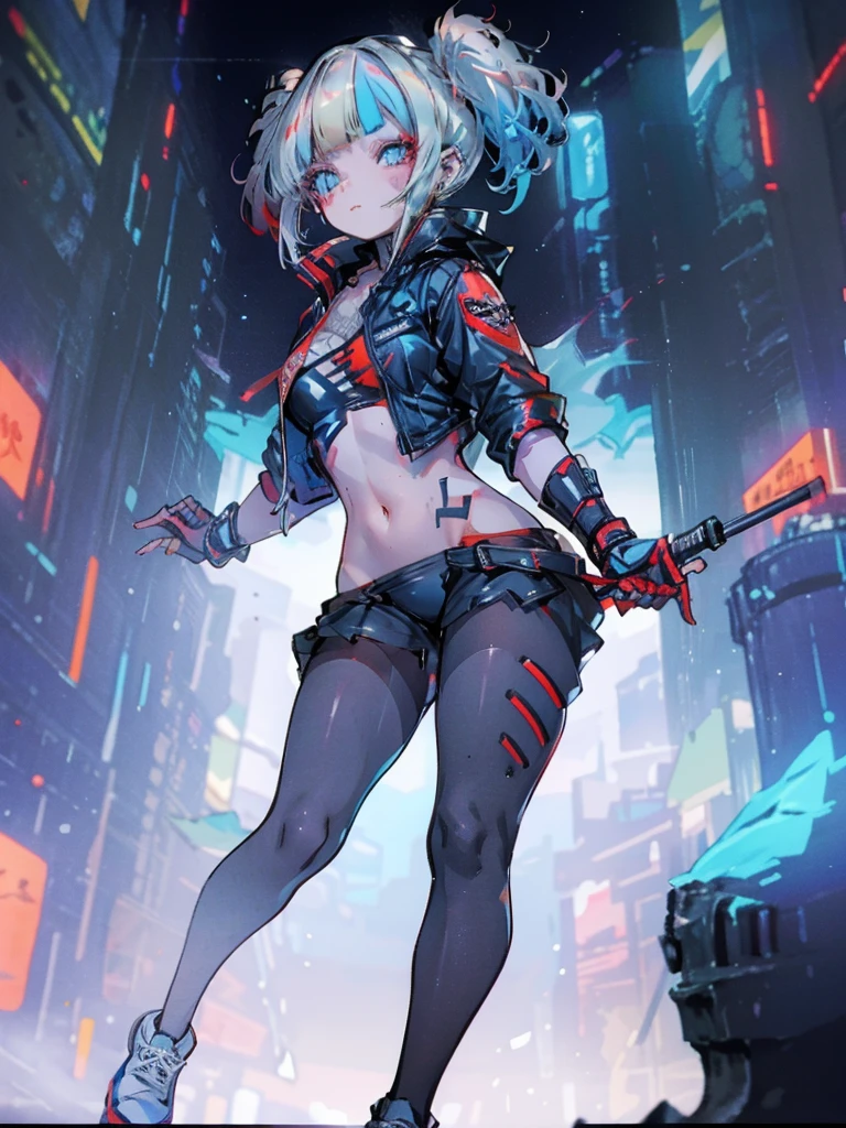 Batleen embodies the legacy of Batman and the redemption of Harley Quinn. In this anime-style design, she wears a combat suit that is predominantly black with dark blue accents and touches of red on the boots and gloves, combining elegance and functionality. Her short cape is aerodynamic, allowing for freedom of movement, and the Batman symbol on her chest is stylised with light blue details. The mask covers the upper half of her face, featuring a softer, more feminine design adorned with subtle details that reflect her unique identity. Batleen's hair is blonde with tips dyed blue and red, either tied up in a high ponytail or left loose depending on the situation. Her expressive eyes, accentuated with bold eyeliner, reveal her determination and internal conflict. She carries personalised batarangs with a diamond design, a collapsible hammer, and advanced technological gadgets. Her athletic and agile physique showcases her prowess in combat and acrobatics, while her confident stance as Batleen contrasts with her more relaxed and approachable demeanour as Harleen Quinzel.