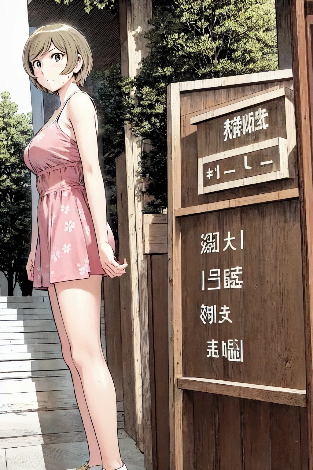 、(masterpiece、Highest quality)、Highest quality, Ultra-high resolution, (((masterpiece))), alone, Sweat、Big eyes, Sleeveless、Outdoor、Floral Dress、Composition from the front、(後ろCut your hair short、short hair、blonde、woman)、Shortcuts、Embarrassed face、Cut your hair short、可愛いwomanの子、Big Breasts、Browsing Caution