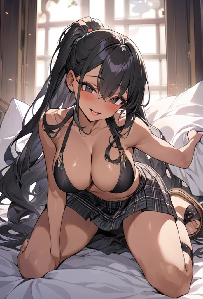 (anime style),masterpiece, best quality, extremely detailed,18Year old,tanned skin,dark skin, Beautiful tall body,baby face,Large breasts,BREAK,multicolored colorful black hair,flipped long hair,for head,BREAK,black eyes,best smile,open mouth,detailed lips,BREAK,cotton black big ribbon,BREAK,ripped cotton bikini、tartan check Skirt,sandals,childish pose,break,head tilt,silk bed