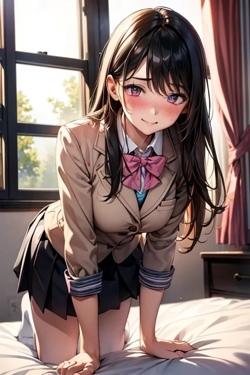 BREAK,
1girl,1boy,Brown eyes,black hair, body,hetero, Penis
(squatting:1.2), spread legs,(leaning forward:1.5),cowgirl position,(Both feet on the bed:1.2)
a woman is getting fucked by a man,(1man,having sex:1.3)
BREAK,
(School uniform,blazer:1.2),red School Bag,Put on a backpack,white SOCKS, (School bag:1.1),
stuffed toy,(messy room:1.6), cushion, cuddly toy, books,Laptop:1.1,tablet,
(bed room, Morning,window,pink Stripe wallpaper:1.5),
BREAK,
(little smile:0.8),nose blush,(bashfull:1.2), Closed mouth, half closed eyes,torogao,
BREAK,
pussy,(vagina:1.2),looking at viewer,Heart Shape,
RAW LIGHTING,dramatic lightng Score_9_up,Score_8_up,Score_7_up,raw,photo,8K, Expressiveh,High Quality V2,XXX Rating,Photo Real,masterpiece,(vivid color:1.2),eyes focus,BREAK,Unbeatable masterpiece, Ultra photo realsisim, Perfect artwork, Intricate details, Best quality, Strong light,High contrast, (Masterpiece , Best quality:1.2) , (ultradetailed) ,(eyes focus:1.4)