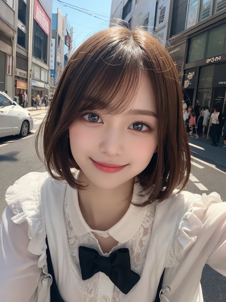 masterpiece, best quality, illustration, ultra-detailed, finely detailed, high resolution, 8K wallpaper, perfect dynamic composition, beautiful detailed eyes, Harajuku, pop fashion, short hair, cheerful expression, cute, smile, looking at camera