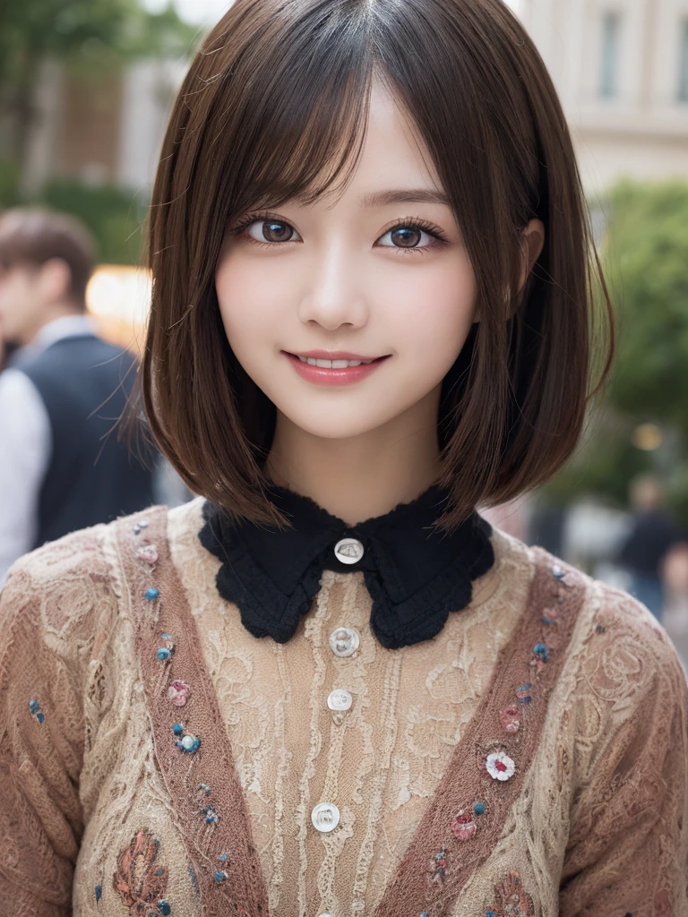 masterpiece, best quality, illustration, ultra-detailed, finely detailed, high resolution, 8K wallpaper, perfect dynamic composition, beautiful detailed eyes, Harajuku, pop fashion, short hair, cheerful expression, cute, smile, looking at camera
