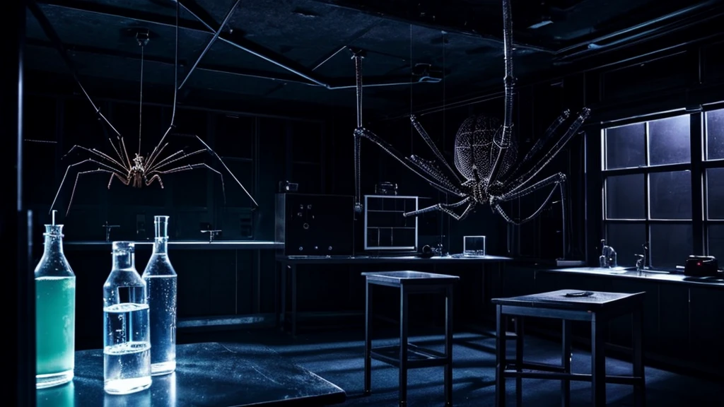 a cool science lab with a spider and cool background dark themed