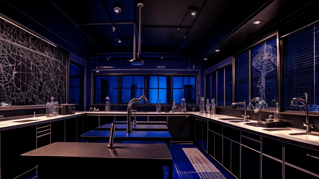 a cool science lab with a spider and cool background dark themed