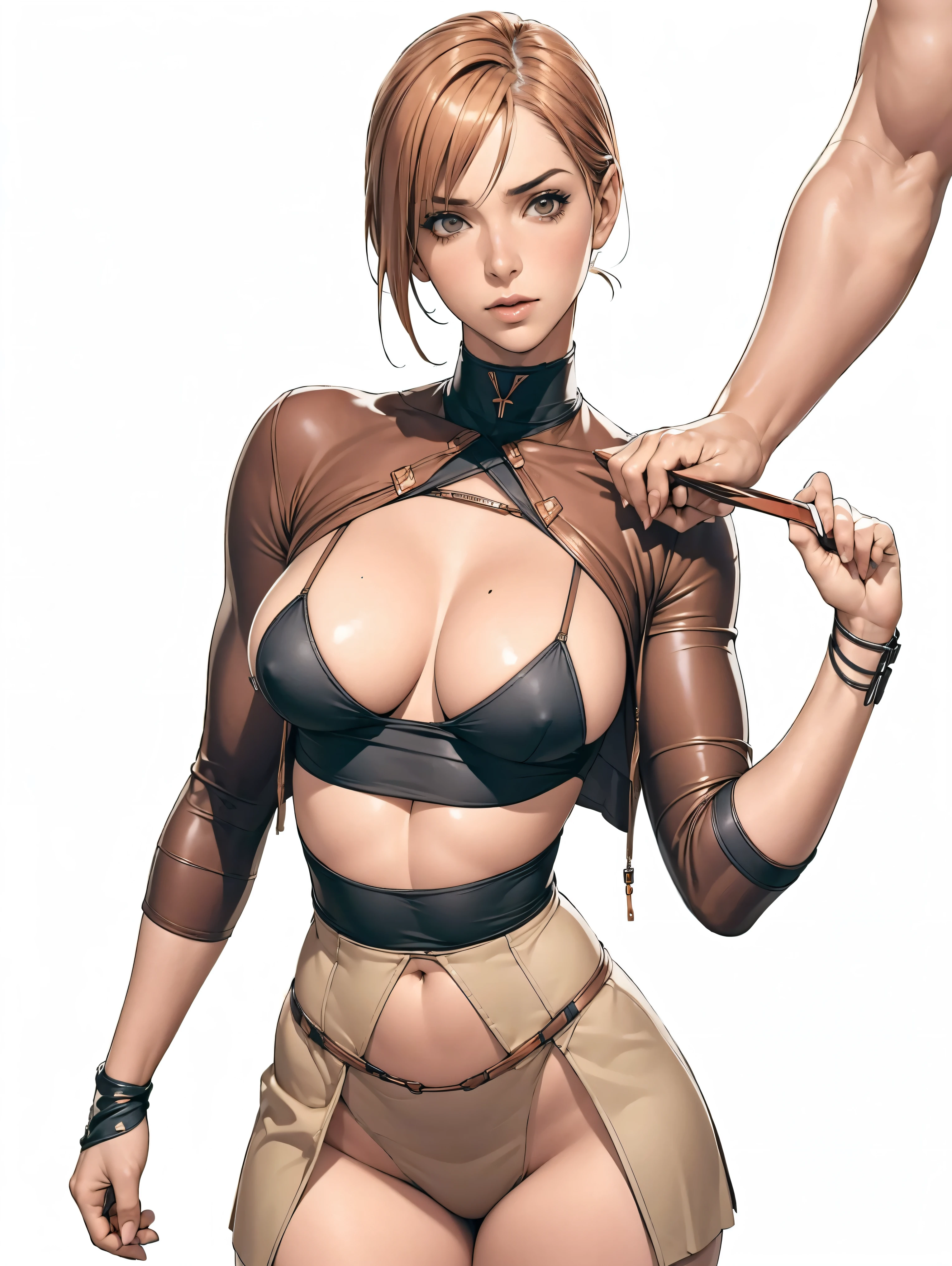 (((Annie Lennox))), (((copper color suit))), (scars), (((bandaged arms))), (((Copper-colored clothes))) ((fur hood)), (((best qualityer: 1.4))), (Unbeatable masterpiece), (hiper HD),(CG 8k hyper-realistic), brave face, (((breasts big))), (((hyper feminine))), sexly girl, black tattoo,(ultra short red hair with white highlights)), ((( sculptural body ))), (((1 Kizi))), Kizi tatuada de 25 anos com perfectbody,,Beautiful and well-groomed face,muscular body:1.2,solid color detailed jacket, (Head to thigh photos), Complex equipment, copper,Tight clothes,With white stars and off-white stripes,,,,,Armor Metal Electronic Parts, Poison tattoos ) INFO, Kizi, (((standing alone))), pirralha violent, 24歳, sexy, pose de atitude, work of art, post-apocalypse, (((manga style))), bounty hunter, the way you want, perfect body, roupa moderna, advanced technology, Pleated mini skirt with checkered pattern in red and black, fur collar jacket, sleeves with vertical striped pattern, neutral background, (( cowboy shot )). intricate visual, narrow waist, (((wide hips))), wide hips, fit thighs, (thigh gap), background shows a futuristic airplane