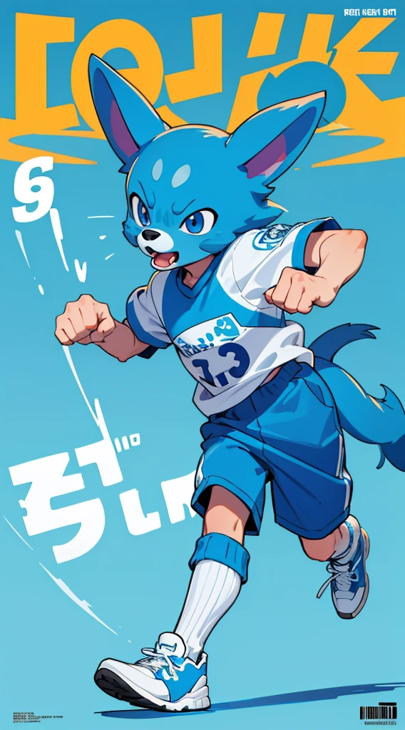 A bright blue dog-themed character, Wearing big sneakers, サイバーパンク, Magazine Cover, Simple Background, Running around, boy, raised fist, projected inset, UHD, best quality, highres, 8k