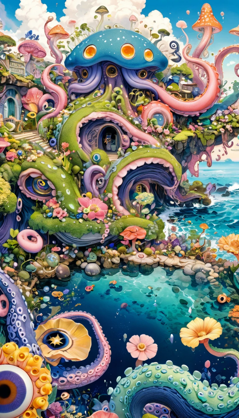 Strong visual fusion of multiple elements,Broto,来自Star的艺术家,house:1.37、Eyes-Flower Contact Lenses、Pearl Tears、Star、cloud、Spore powder、Ocean、Tentacles,Describing the inner world of autistic people,密集Pointillism method。Smooth lines。interesting,Strange illustration。Pointillism method。Strong contrast。Award-winning works。