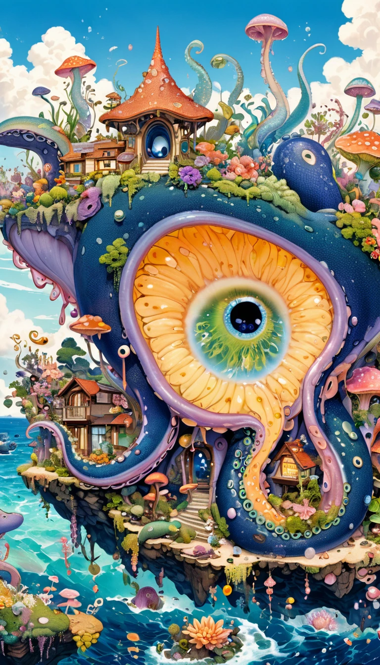 Strong visual fusion of multiple elements，Broto，来自Star的艺术家，house：1.37、Eyes-Flower Contact Lenses、Pearl Tears、Star、cloud、Spore powder、Ocean、Tentacles，Describing the inner world of autistic people，密集Pointillism method。Smooth lines。interesting，Strange illustration。Pointillism method。Strong contrast。Award-winning works。