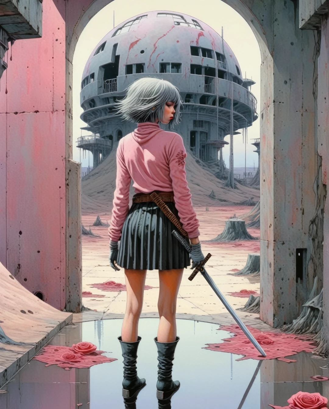 Moebius (Jean Giraud) Style - A picture by Jean Giraud Moebius, horror art, dread, , forboding, dark, unity 8k wallpaper, ultra detailed, beautiful and aesthetic, masterpiece, best quality, cowboyshot, the most beautiful form of chaos, elegant, a brutalist designed, vivid colours, , tatoos, horror, solo, abandoned, dramatic ligting, , Realist portrait of a deception of ((masterpiece, best quality, ultra detailed), 1girl, solo, cowboy shot, waving, bob cut, two-tone hair, (jirai kei:1.2), pink shirt, black high waist skirt, necktie, black gloves, , striped kneehighs, (katana, holding_katana, katana:1.1), reflection,sword ,weapon over shoulder , pink theme, monochrome, , marble pattern background, , , ), , sweater latex dress, tight mini dress, beautiful face, cool vibes, , masterpiece, , thight latex dress, s, latex uniform, epic, dinamic pose((prison cell)), by james jean $, roby dwi antono $, ross tran $. francis bacon $, michal mraz $, adrian ghenie $, petra cortright $, gerhard richter $, takato yamamoto $, ashley wood, tense atmospheric, , , , jennierubyjenes, sooyaaa,,,,,,sooyaaa,analog , cinematic moviemaker style,roses_are_rosie,kwon-nara ,weapon over shoulder,holding weapon,princess