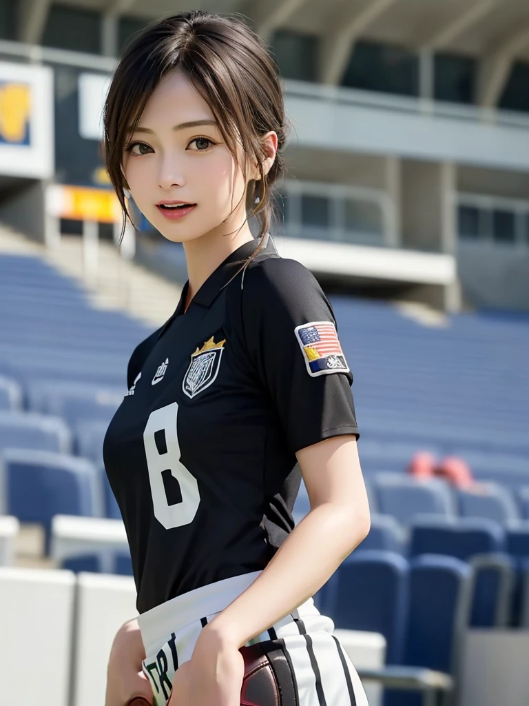(Highest quality、8k、32K、masterpiece)、(Realistic)、(Realistic:1.2)、(High resolution)、Very detailed、Very beautiful face and eyes、1 girl、Round and small face、Tight waist、Delicate body、(close、Highest quality、Attention to detail、Rich skin detail)、(Highest quality、8k、Oil paints:1.2)、(Realistic、Realistic:1.37)、Bright colors、(((Black Hair)))、(((Cowboy Shot)))、(((Bob Hair)))、(((Football Stadium)))、(((Enthusiastic audience)))、(((Open your mouth)))、(((Laughter)))、(((Soccer uniforms)))、(((赤と白のSoccer uniforms)))、(((There are no lines on the sleeves)))、(((Short sleeve uniform)))