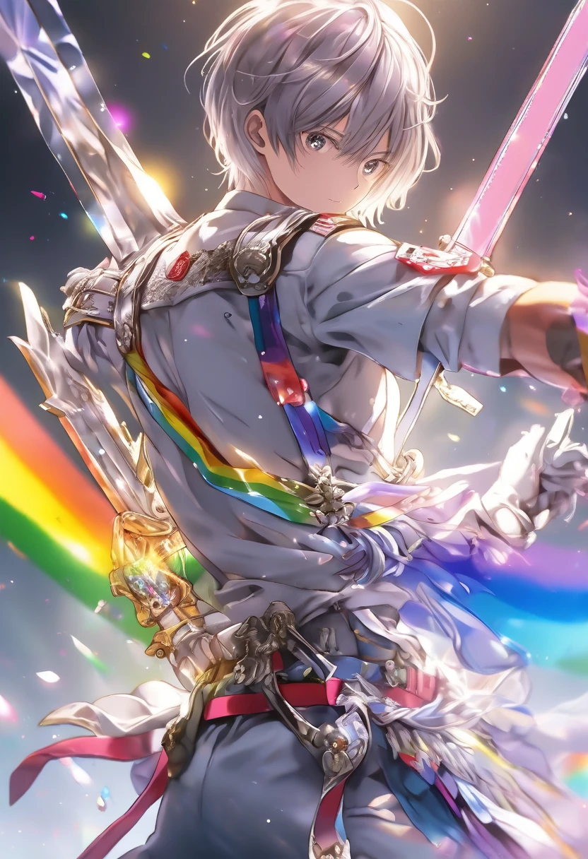 Beauty、Military Uniform Cosplay、Rainbow Colors、Image of crystal、Shining Holy Sword、Jump、attack、Swinging the Sword、Vibrant、whole body、Game Characters、High resolution, Winner of numerous awards, Highest quality, Anatomically correct, accurate, masterpiece, 男性が好きなBeauty