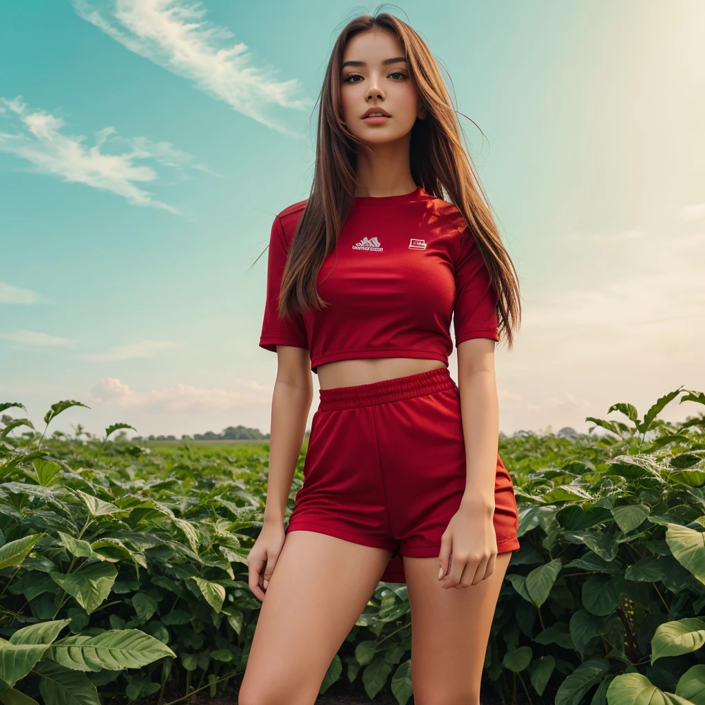  Hot girl red clothes with green background and sky 