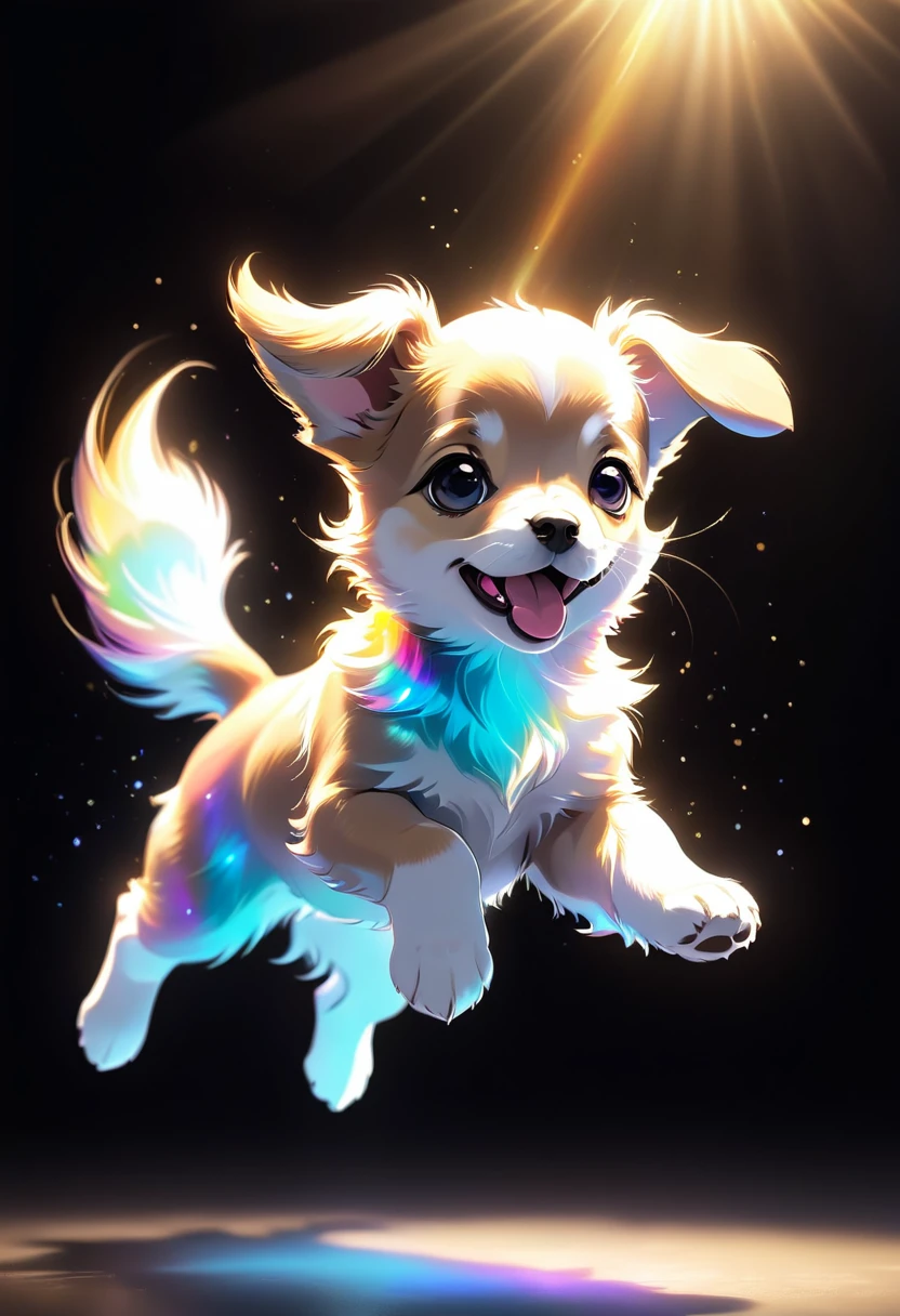 cute puppy jumping out, flying, light from behind, backlight, iridescent flare halation, 2.5D, delicate and dynamic, background black, artwork
