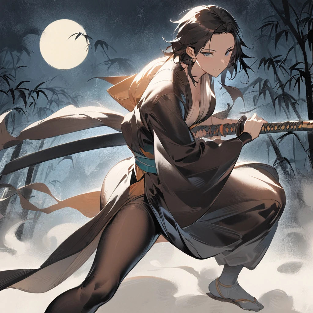 Top quality, masterpiece, high resolution, 独奏, sumi-e style, samurai girl, long black hair that reaches her shoulders, black eyes, kimono, holding a Japanese sword, Absence,beautiful posture, bamboo forest, moonlit night