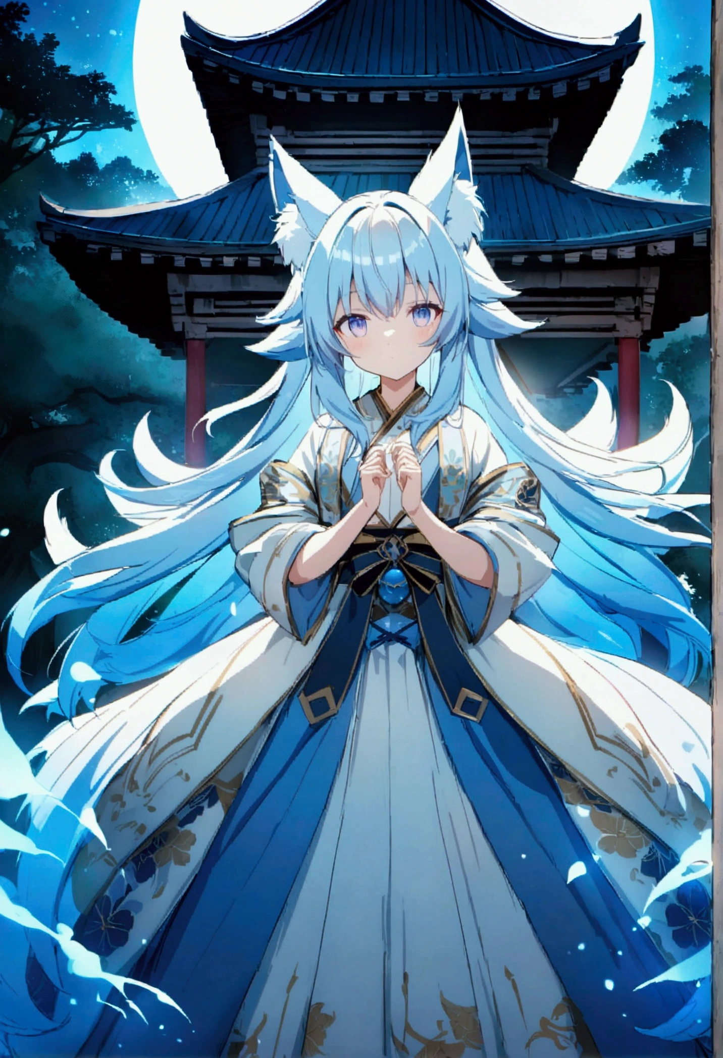 fox Light blue hair 　beast Girls　Indigo fur　fox beast Girls　fox Light blue hair 　beast Girls　Indigo fur　fox beast Girls　Wallpaper 4k,8K,Very detailed,Vibrant colors,water glow,Black silhouette of a pagoda,Faint moonlight,Dense forest,Ethereal atmosphere,Dappled sunlight,Excellent,Calm expression,Exquisite Hanfu and belt,Exquisite hand-painted details,Glowing eyes　Anime style　fox　blue　White-faced golden-haired nine-tailed fox　Coat blue　　　Mysterious Background　Blue flame　boys　There is a ball of light Anime style　fox　blue　White-faced golden-haired nine-tailed fox　Coat blue　　　Mysterious Background　Blue flame　Girls　There is a ball of light