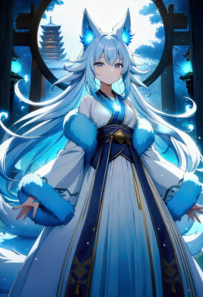 fox Light blue hair beast Girls Indigo fur fox beast Girls fox Light blue hair beast Girls Indigo fur fox beast Girls Wallpaper 4k,8K,Very detailed,Vibrant colors,water glow,Black silhouette of a pagoda,Faint moonlight,Dense forest,Ethereal atmosphere,Dappled sunlight,Excellent,Calm expression,Exquisite Hanfu and belt,Exquisite hand-painted details,Glowing eyes Anime style fox blue White-faced golden-haired nine-tailed fox Coat blue Mysterious Background Blue flame boys There is a ball of light Anime style fox blue White-faced golden-haired nine-tailed fox Coat blue Mysterious Background Blue flame Girls There is a ball of light