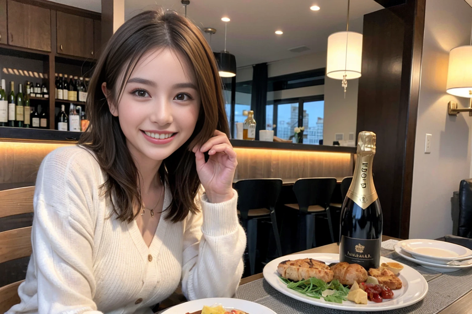 （Realistic:1.1）,(masterpiece,Highest quality)，8k,(44 years old), 42 years old, slimカップル、Model Couple、actress/actor、Tight waist,Upper Body,full-course dinner、wine 、Amazing view of the sunset sky and clouds、Perfect Anatomy, Brown Hair, short hair,Random Hairstyles,((Highly detailed face and eyes:1.2))(cute顔:1.4)，美しいactressの顔，Perfect golden ratio face，Long sleeve shirt、dress,(smile:1.2)、Shortcuts、cute、(Realistic, Intricate details:1.2), A bright smile、short hair,Bright Face、赤wine 、Appetizers、Italian food、wine bottle、Champagne、スパークリングwine、(slimな顔), (The body is slim), (Brown Hair), (Shortcuts),  Upper Body, 白wine, slim, wineグラス, 