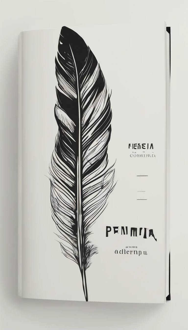 A minimal, modern, simple, cinematic logotype for the brand “Penamemoria". The logotype must be a simple, magical feather. The logo must convey a sense of music, stories and dreams. Logo design impressed on a book cover. Minimalistic logo
