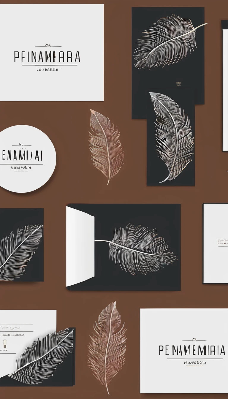 A minimal, modern, simple, cinematic logotype for the brand “Penamemoria". The logotype must be a simple, magical feather. The logo must convey a sense of music, stories and dreams. Logo design impressed on a book cover. Minimalistic logo