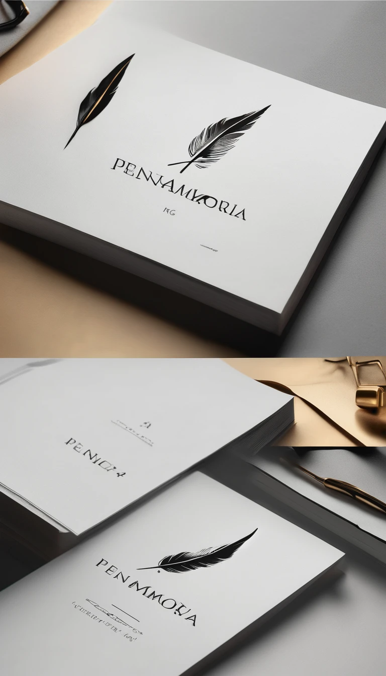 A minimal, modern, simple, cinematic logotype for the brand “Penamemoria". The logotype must be a simple, magical feather. The logo must convey a sense of music, stories and dreams. Logo design impressed on a book cover. Minimalistic logo
