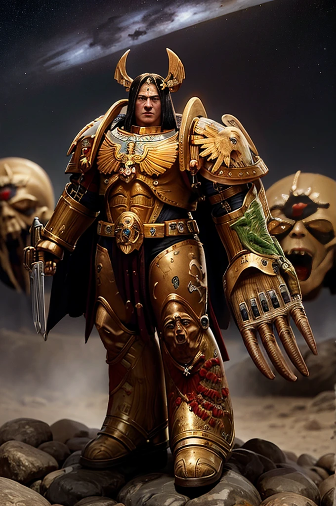 warhammer 40k 40k space marine,warhammer era 40k,high qualiy, nblurry background, Standing on a mountain of skulls
