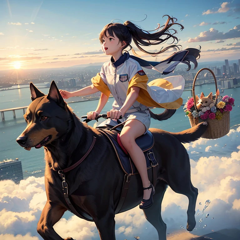 (masterpiece, Highest quality), (dog), (dogが気球に乗っている), Floating, The expanse of the sky、The cityscape below, Riding in a basket、Ears flapping in the wind, Small pilot&#39;s hat、goggles, Balloon Shadow、Soft Light