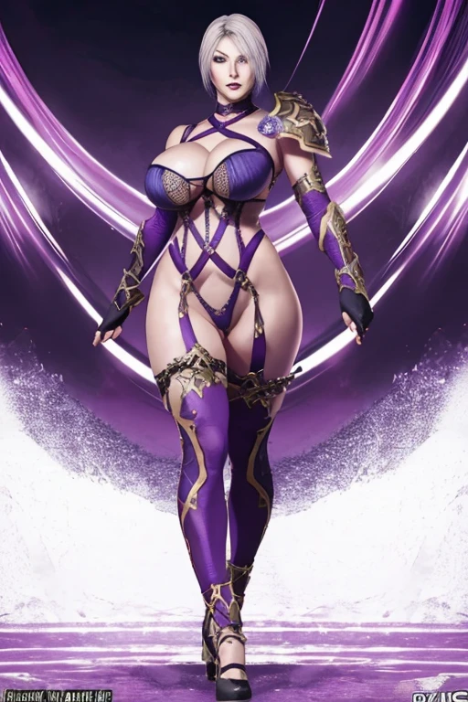 Ivy Valentine from Soul Calibur, Standing in a dynamic pose in the arena, Highly detailed face and eyes, Black eyeliner, Huge breasts, Thick buttocks, Thick thighs, Narrow waist, Absurd, Highest quality, 4K