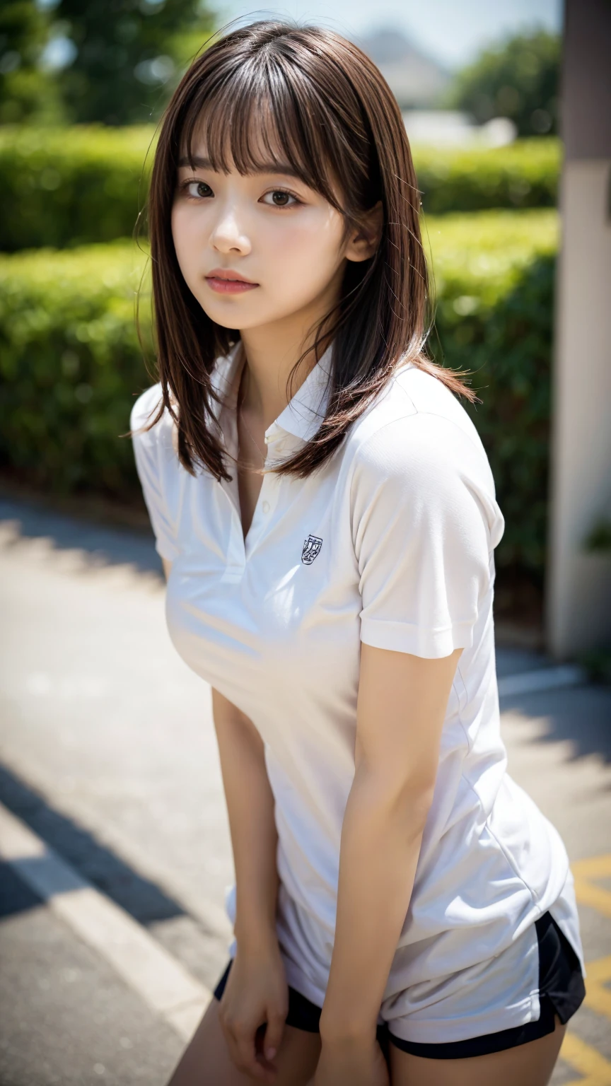 masterpiece, Highest quality, 8k, 20th Generation, hugeな胸, cute, alone, sad, cute, Girlish, Delicate girl, Pure beauty, RAW Photos, Professional photography, Portraiture, Soft Light, Professional Lighting, Backlight, Upper Body, Front view, Sophisticated, Film Grain, (Eye and facial details:1.0), Short floating hair, Beautiful, flowing hair, bangs, A tight polo shirt that expresses the roundness and softness of the chest area.., huge 、Do not publish,It protrudes greatly, Erotic shorts, Standing Elegantly、beautiful thick legs