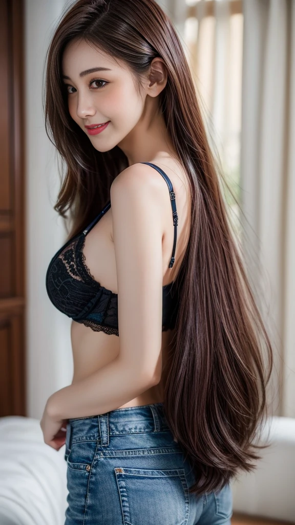 High resolution CG unity wallpaper 8k, top-quality, Piece Table, Realistic, hyper realistic photography, Highly detailed beautiful woman Thai girl Araffe in a thin lace bra A blue jacket and black jeans pose for a photo., Dilraba Dilmurat, Instagram model, sexy :8, Thai anime girl, sexy girl, Niwan Chandra, sie boob, Photo of a slim girl, Profile picture, cute house vtuber, A nice , cute smile, beautiful, good figure, model, big breasts, very beautiful smile, Thai girl, Thai model, Thai model, gravure idol. Long hair is very beautiful.