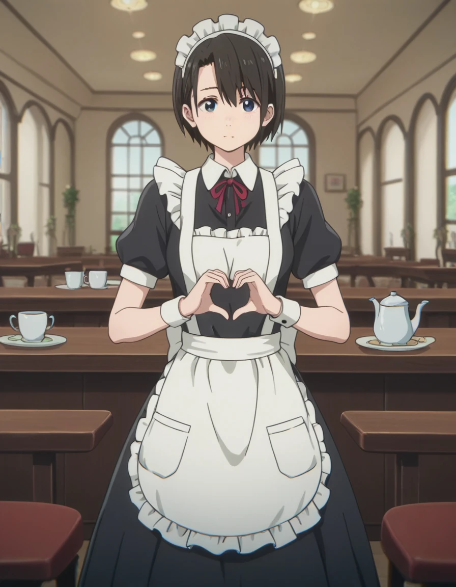 masterpiece, best quality, ultra-detailed, 4K, 8K, best quality, beautiful, pretty woman BREAK cute, beautiful detailed eyes, cowboy shot, maid, maid clothes, cafe, BREAK (heart hands:1.3),Resentment, anger, red cheeks