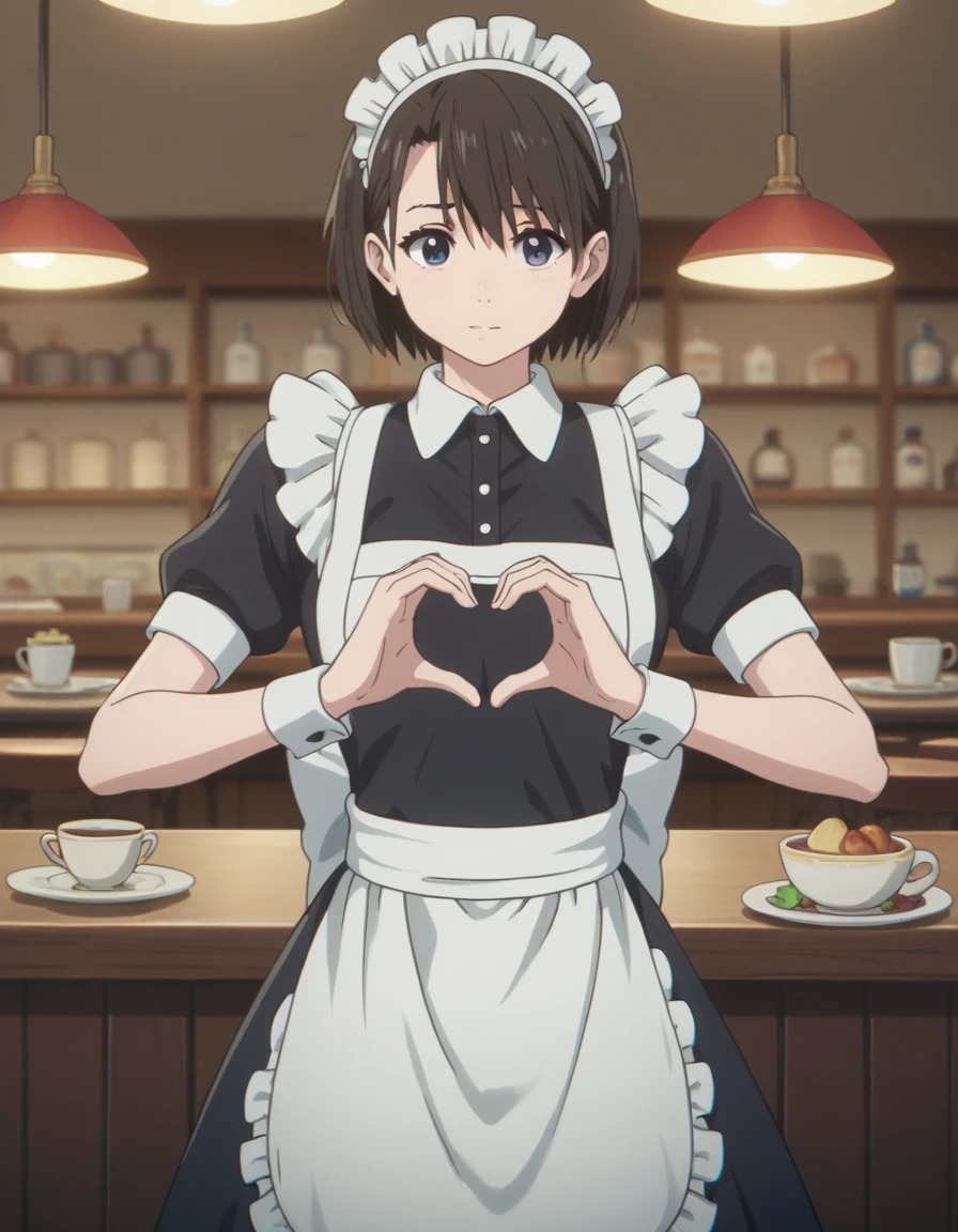 masterpiece, best quality, ultra-detailed, 4K, 8K, best quality, beautiful, pretty woman BREAK cute, beautiful detailed eyes, cowboy shot, maid, maid clothes, cafe, BREAK (heart hands:1.3),Resentment, anger, red cheeks