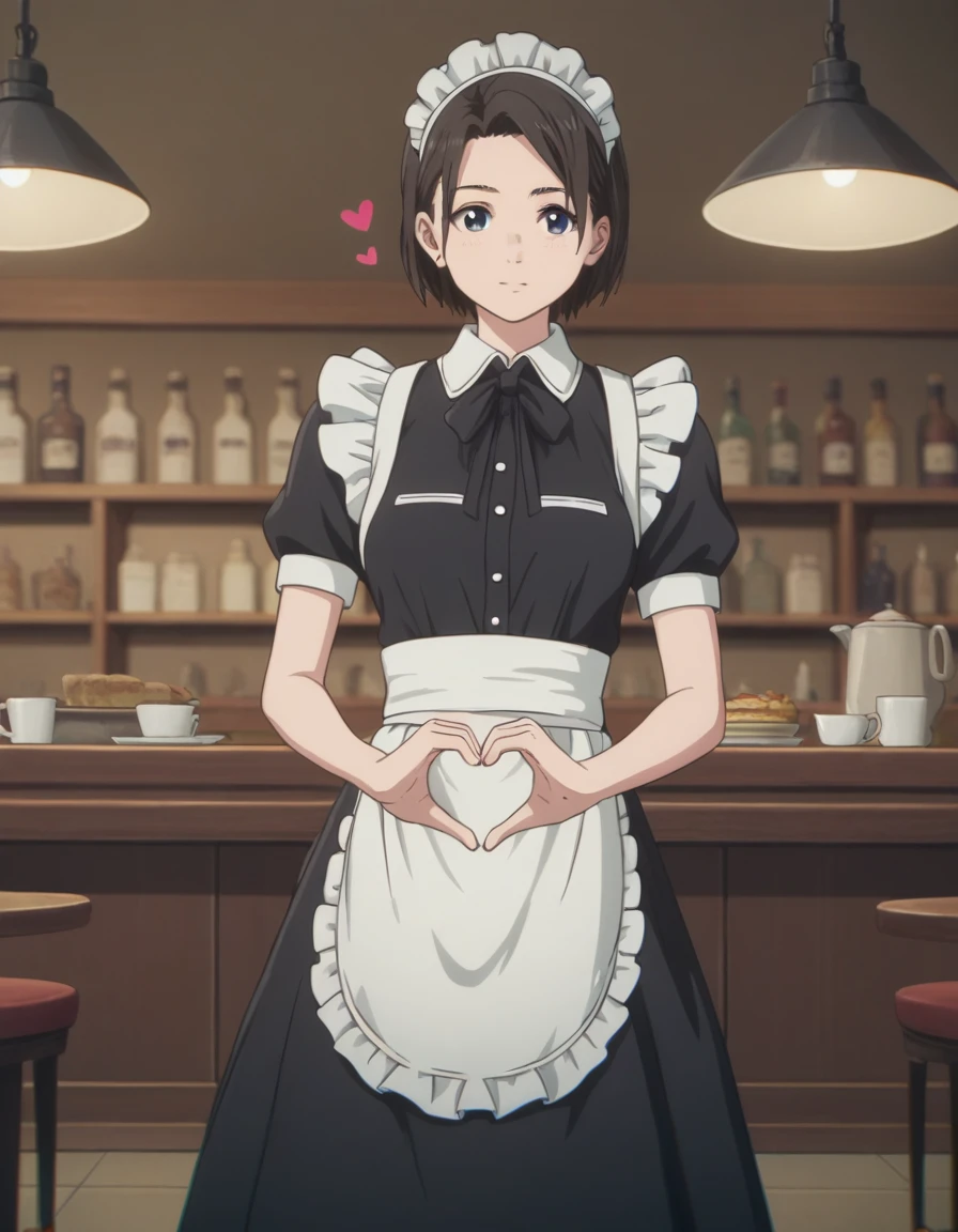 masterpiece, best quality, ultra-detailed, 4K, 8K, best quality, beautiful, pretty woman BREAK cute, beautiful detailed eyes, cowboy shot, maid, maid clothes, cafe, BREAK (heart hands:1.3),Resentment, anger, red cheeks