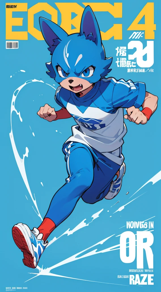 A bright blue dog-themed character, Wearing big sneakers, サイバーパンク, Magazine Cover, Simple Background, Running around, boy, raised fist, projected inset, UHD, best quality, highres, 8k