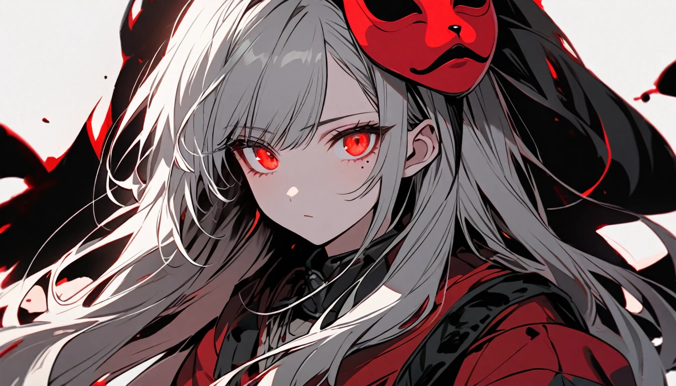  girl character. Grey hair, glowing red eyes, long hair, mole under left eye. Describe the person only, without background. Wearing a monkey mask. Single. Upper body