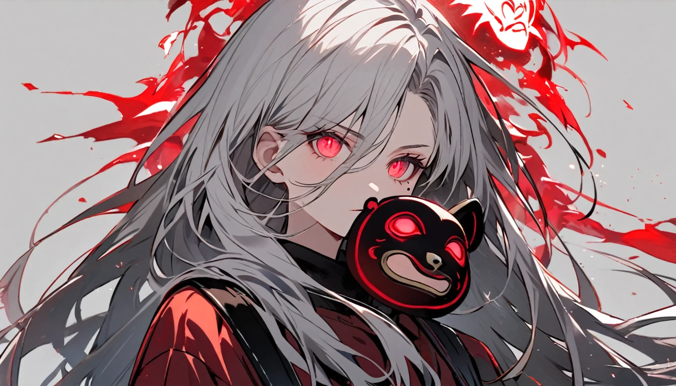  girl character. Grey hair, glowing red eyes, long hair, mole under left eye. Describe the person only, without background. Wearing a monkey mask. Single. Upper body