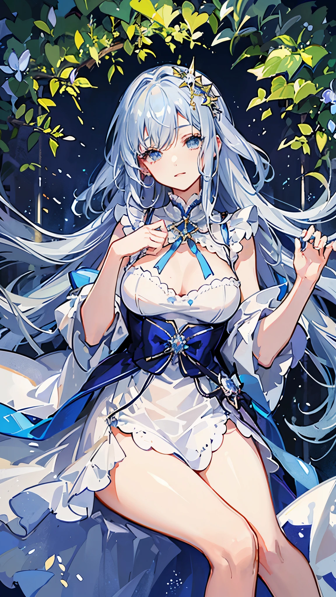 (Highest quality)), ((masterpiece)), (detailed), One sleeping girl, Crystal clear light blue hair、Her hair is gradated and white from the hairline to the middle.、Hair length is up to the knees、Gorgeous light blue lustrous nightgown、The hair ornament is glittering gold.、Silver hair ornament、She has big breasts、Adult face、