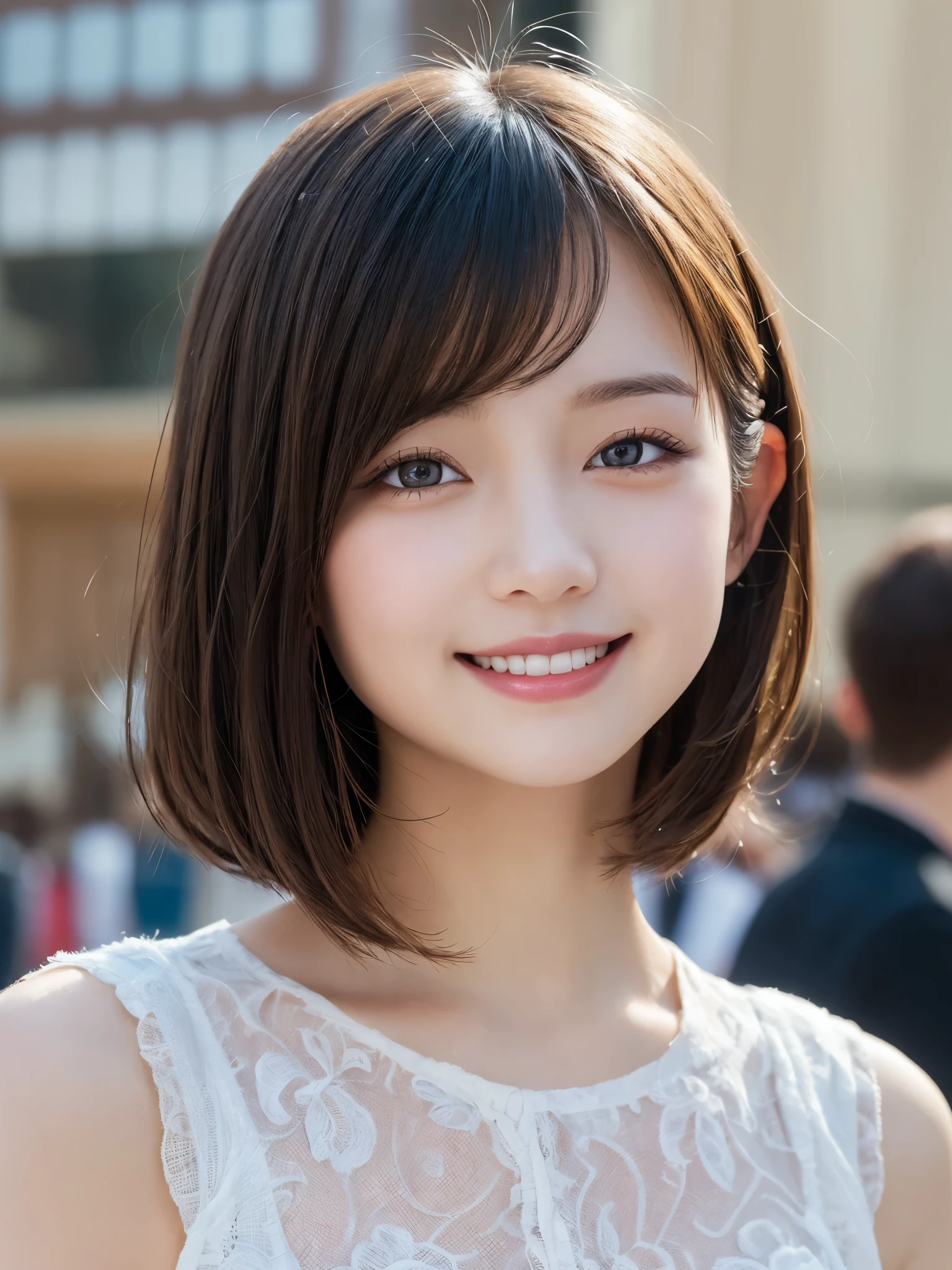 masterpiece, best quality, illustration, ultra-detailed, finely detailed, high resolution, 8K wallpaper, perfect dynamic composition, beautiful detailed eyes, Harajuku, pop fashion, short hair, cheerful expression, cute, smile, looking at camera