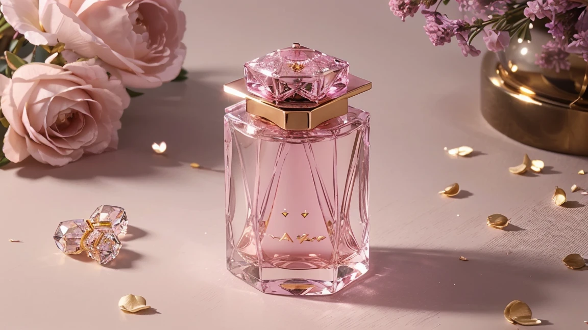 A luxurious perfume bottle with a crystal cap, filled with a delicate pink liquid. The bottle has an elegant label with gold lettering and is surrounded by scattered flower petals. The background fades from soft lavender to a light pink, enhancing the sophisticated and romantic feel.