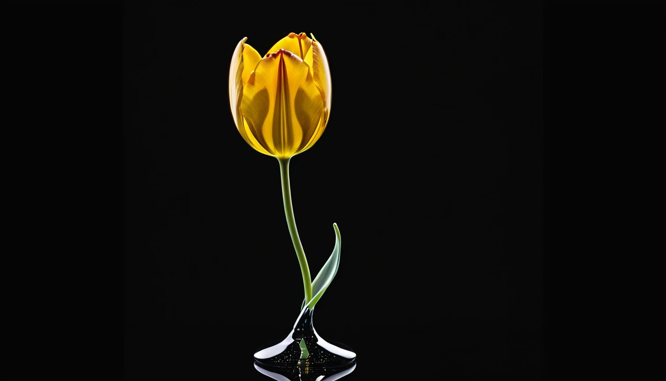 create the most breathtaking (32k masterpiece, best quality:1.2) photorealistic image, a hollow glass tulip poured with liquid gold from the stem, gradient black background, diffusion of reflected light, organic, energy, Alive, spectacular, ethereal, volumetric light, sub-surface Scattering, jeu de transparence 