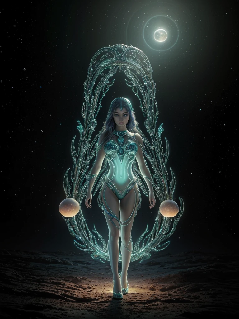 (masterpiece:1.3), (best quality:1.3), (ultra detailed:1.4), (ultra high res:1.4), (realistic:1.5), (photorealistic:1.5), (8k resolution:1.3), (extremely detailed:1.4), (cinematic lighting:1.3), (fantasy alien planet:1.2), (vibrant colors:1.3), (alien flora:1.3), (ethereal atmosphere:1.3), A breathtaking scene featuring a beautiful female alien standing on a stunning, fantasy alien planet. She has otherworldly features with iridescent skin, glowing eyes, and elegant, intricate patterns on her body that shimmer in the alien light. Her attire is a blend of futuristic and ethereal elements, flowing gracefully as she interacts with the exotic landscape. The planet’s surface is adorned with vibrant, bioluminescent flora, and surreal rock formations that defy earthly logic. The sky above is filled with multiple moons, nebulae, and a dazzling array of stars. The lighting is soft yet otherworldly, creating a dreamy, magical atmosphere. The scene is rendered with hyper-realistic detail, capturing the beauty and wonder of this alien world in 8k resolution