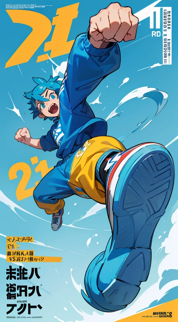 A bright blue dog-themed character, Wearing big sneakers, サイバーパンク, Magazine Cover, Simple Background, Running around, boy, raised fist, projected inset, UHD, best quality, highres, 8k