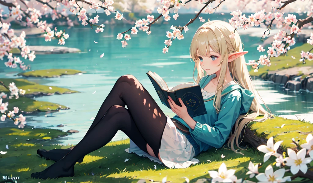 Elf reading a book by the lake, Bright colors, spring, Willow Branch, comfort, Warm sunshine