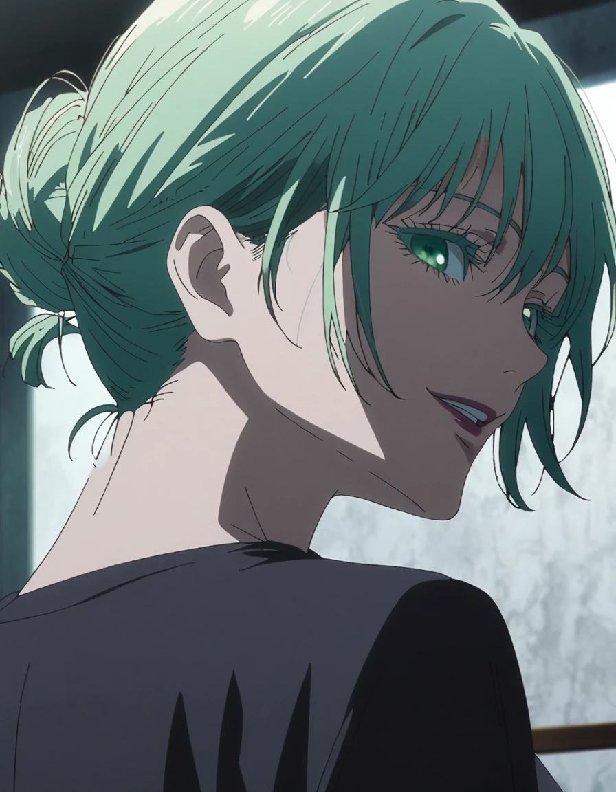 1girl, female gojo satoru, anime screencap from jujutsu kaisen, gojo satoru female version, solo, long_Green hair, hair strands, hair bun, black round sunglasses, Green Eyes, parted_lips, smiling, looking_at_viewer, perfect background, indoors, side view, white_hair, bangs, eyelashes, (blackless outfit), hair_between_eyes, floating hair, (hair strands) ((shot from behind))