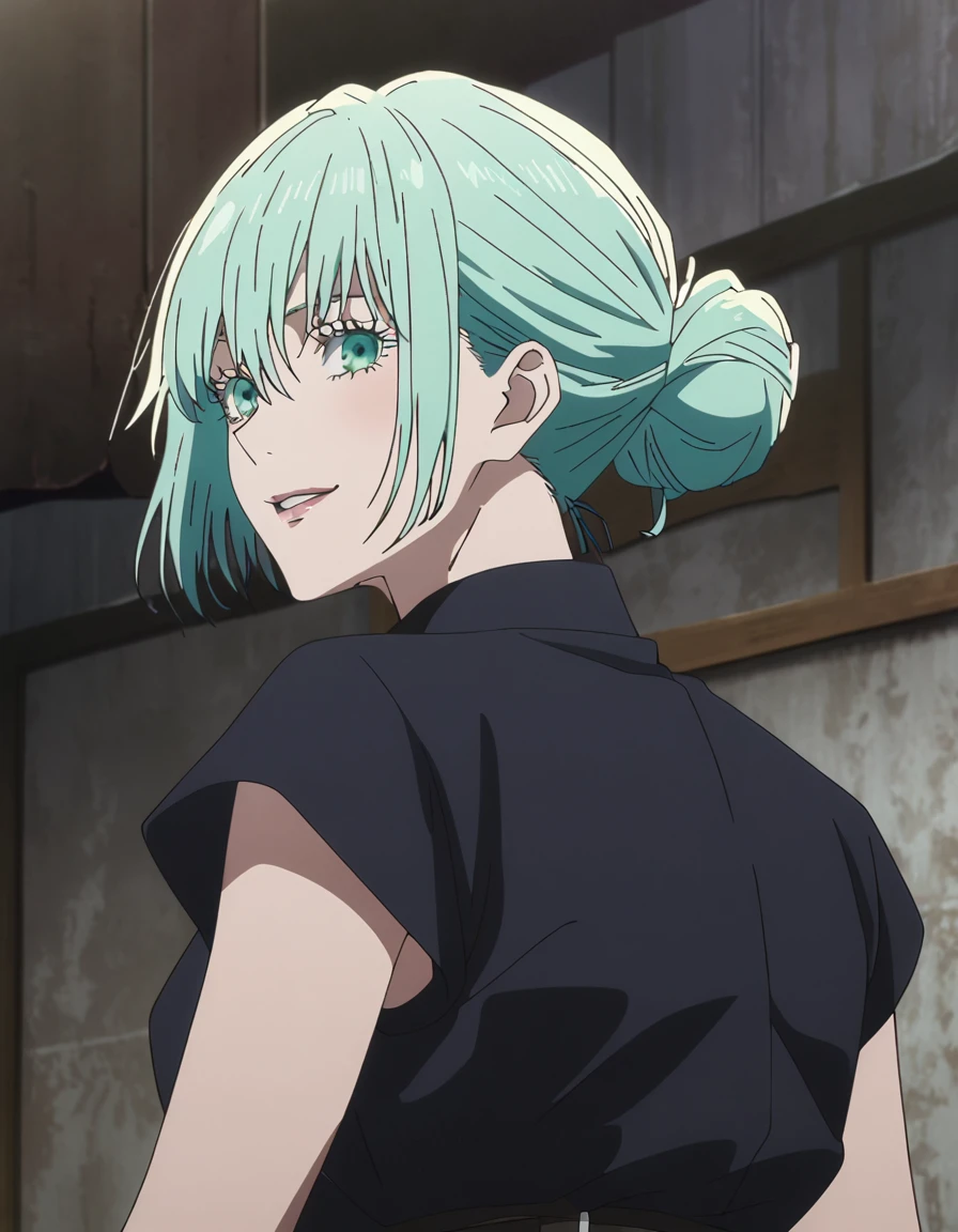 1girl, female gojo satoru, anime screencap from jujutsu kaisen, gojo satoru female version, solo, long_Green hair, hair strands, hair bun, black round sunglasses, Green Eyes, parted_lips, smiling, looking_at_viewer, perfect background, indoors, side view, white_hair, bangs, eyelashes, (blackless outfit),  hair_between_eyes, floating hair, (hair strands) ((shot from behind))