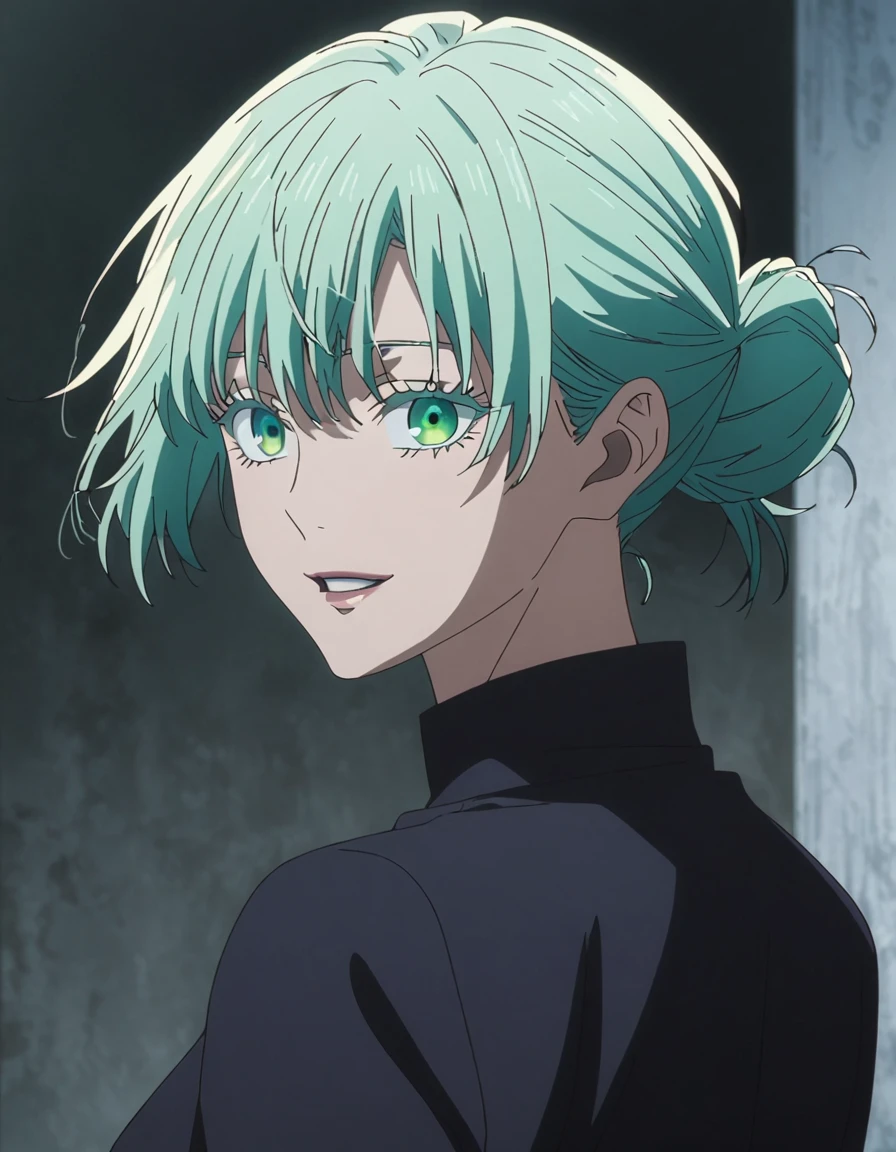 1girl, female gojo satoru, anime screencap from jujutsu kaisen, gojo satoru female version, solo, long_Green hair, hair strands, hair bun, black round sunglasses, Green Eyes, parted_lips, smiling, looking_at_viewer, perfect background, indoors, side view, white_hair, bangs, eyelashes, (blackless outfit), hair_between_eyes, floating hair, (hair strands) ((shot from behind))