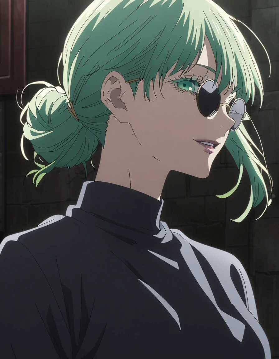 1girl, female gojo satoru, anime screencap from jujutsu kaisen, gojo satoru female version, solo, long_Green hair, hair strands, hair bun, black round sunglasses, Green Eyes, parted_lips, smiling, looking_at_viewer, perfect background, indoors, side view, white_hair, bangs, eyelashes, (blackless outfit),  hair_between_eyes, floating hair, (hair strands) ((shot from behind))