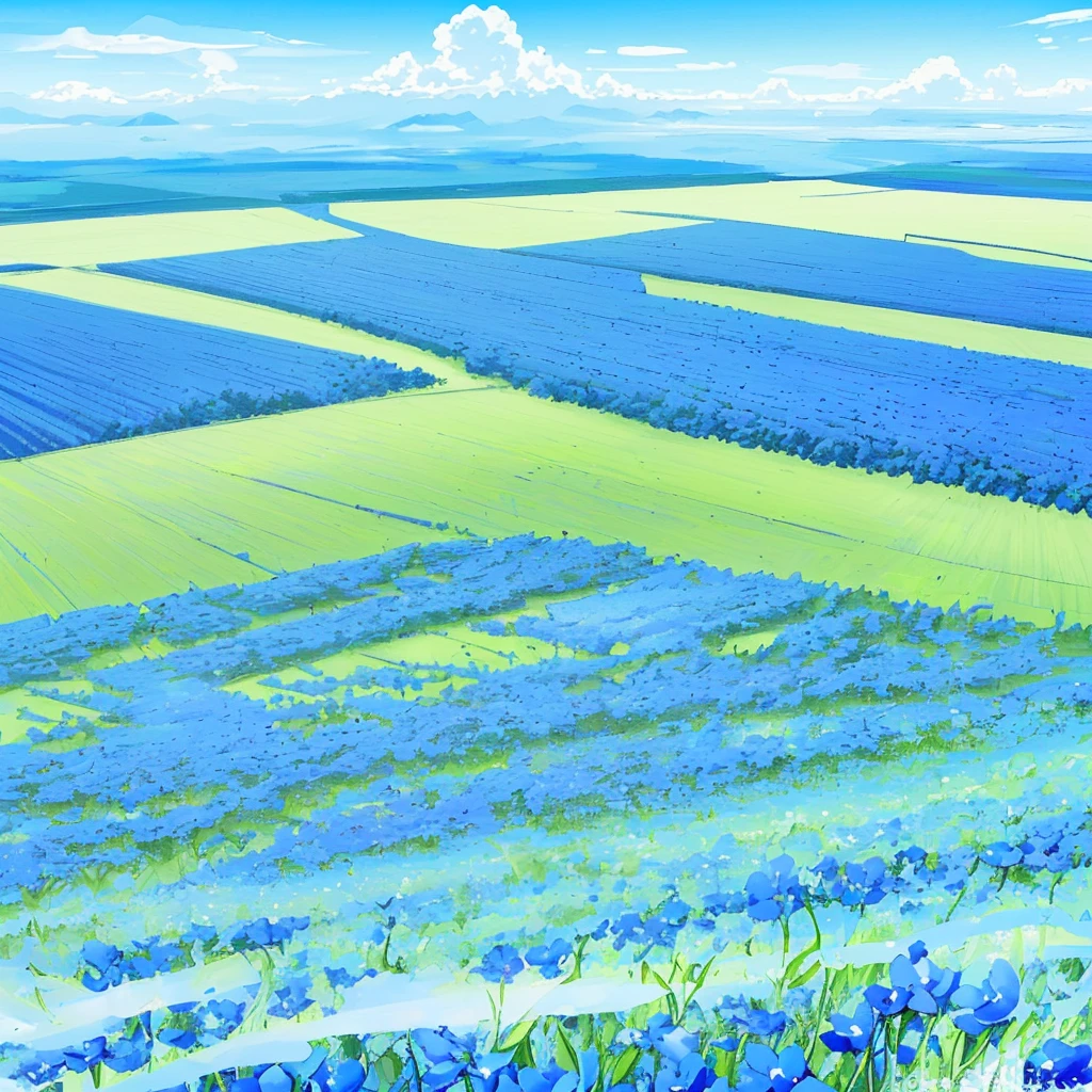Beautiful blue flower々A vast field where flowers bloom。Clear blue sky and floating clouds、And the green plains stretching out in the distance became one.、Calm and refreshing scenery。wood々With the breeze blowing beneath、Birds fly high in the sky、A place where you can experience the beauty of nature