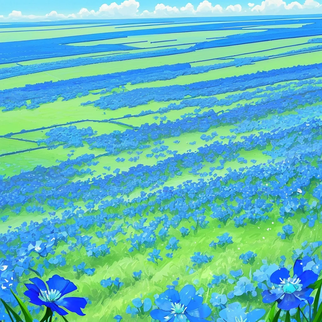 Beautiful blue flower々A vast field where flowers bloom。Clear blue sky and floating clouds、And the green plains stretching out in the distance became one.、Calm and refreshing scenery。wood々With the breeze blowing beneath、Birds fly high in the sky、A place where you can experience the beauty of nature
