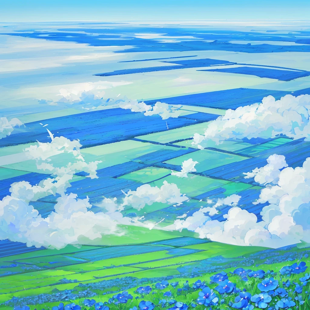 Beautiful blue flower々A vast field where flowers bloom。Clear blue sky and floating clouds、And the green plains stretching out in the distance became one.、Calm and refreshing scenery。wood々With the breeze blowing beneath、Birds fly high in the sky、A place where you can experience the beauty of nature
